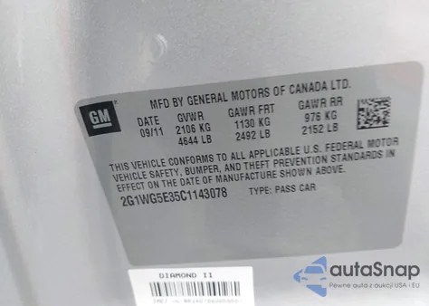 2012 Chevrolet Impala Lt z USA, uszkodzony, nr VIN 2G1WG5E35C1143078